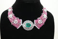 AD Ruby and Emerald Statement Necklace with dense pink stone setting and emerald centrepiece